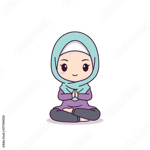 Cute cartoon Muslim girl in hijab sitting peacefully, hands together in a respectful pose. Kawaii character.