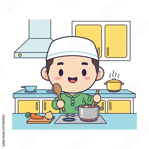 Adorable cartoon Muslim boy cooking in a kitchen. Cute character preparing food, vector illustration.