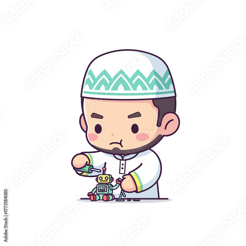 Chibi Muslim man in traditional attire fixing a small robot, focused on technology and engineering