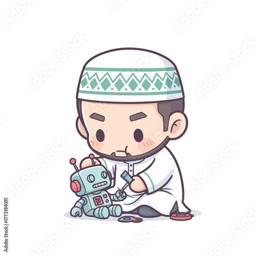 Cute Muslim Man in Traditional Attire Fixing Robot Toy with Screwdriver, Technology and Play Concept