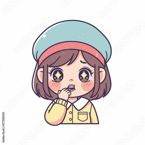 Worried kawaii anime girl with sparkling eyes biting finger, cute cartoon character illustration