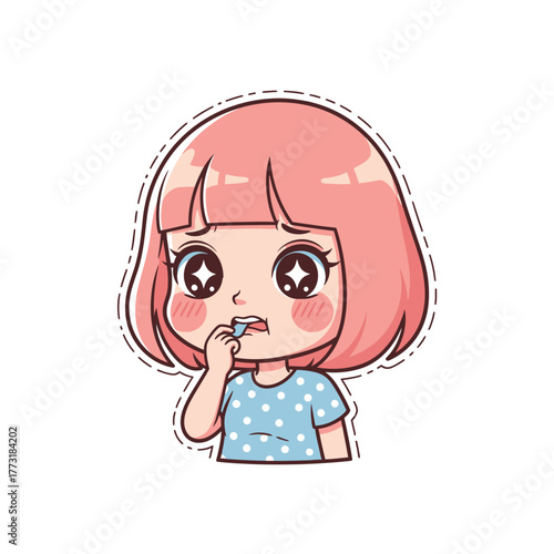 Cute pink-haired chibi girl cartoon with worried expression. Anxious character illustration with big sparkly eyes, sticker design.