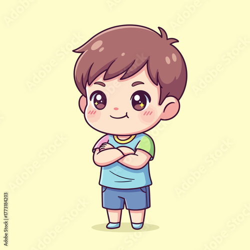 Cute happy cartoon boy with arms crossed. Adorable chibi child character illustration.