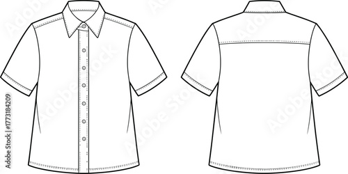 Short sleeve button up shirt flat sketch, pointed collar, cuffed sleeves, technical garment drawing, sewing pattern, menswear fashion design illustration