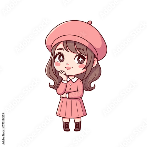 Adorable Chibi Girl in Pink Beret and Dress, Smiling and Pondering, Isolated Cartoon Illustration
