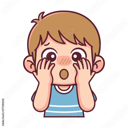 Cute cartoon boy with surprised expression, wide eyes and hands on face, feeling shock, awe, or embarrassment