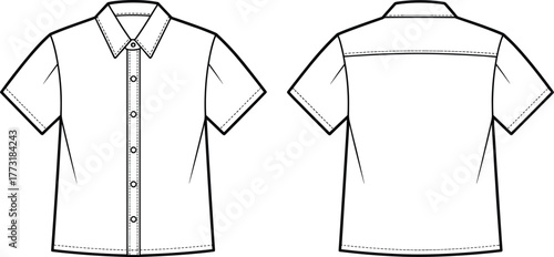 Short sleeve button up shirt technical flat sketch, front and back view, pointed collar, yoke detail, fashion garment construction illustration