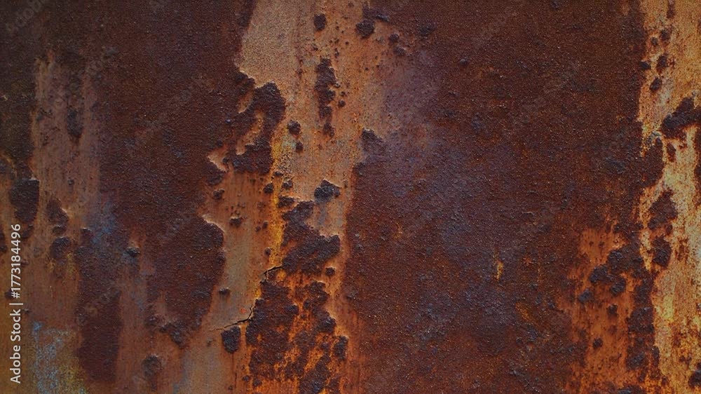 Close-up of a rusted metal surface texture with abstract patterns and varying colors, including orange, brown, and turquoise. Showing details of corrosion and material degradation, cocoe