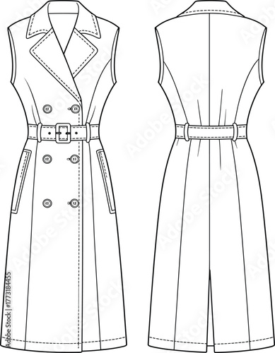 Sleeveless trench coat dress flat sketch, double breasted buttons, belted waist, notched lapel, technical garment drawing, apparel fashion design template illustration