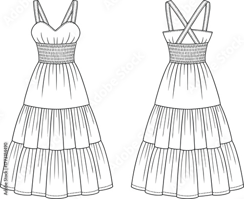 Sleeveless tiered dress fashion flat sketch, ruched bodice with sweetheart neckline, wide straps, crossed back, garment construction technical illustration