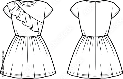 Technical fashion flat illustration of girl’s short sleeve dress with round neckline, diagonal ruffle detail, gathered waist skirt, front and back view