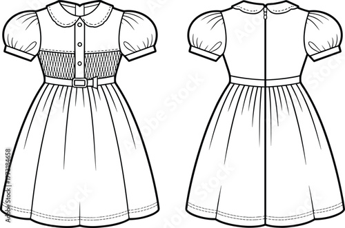 Technical fashion flat illustration of girl’s puff sleeve dress with Peter Pan collar, smocked bodice, belt detail, gathered skirt, front and back view