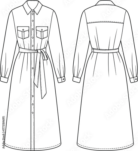 Technical fashion flat illustration of long sleeve belted shirt dress, front and back view, button down design, garment construction detail