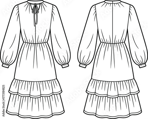 Technical fashion flat illustration of long sleeve tiered dress with gathered neckline, tie closure, cinched waist, layered skirt, front and back view