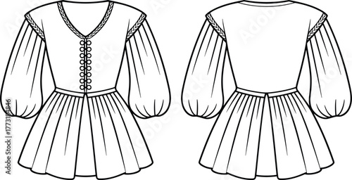 Technical fashion flat illustration of pleated dress with V neckline, puff sleeve, button front, fitted bodice, waistband, front and back view