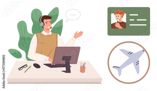 Man with headset communicates at desk, profile card and airplane graphic nearby. Ideal for travel assistance, customer support, communication, teamwork, consulting, tourism, problem-solving simple