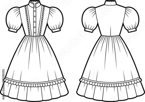 Technical fashion flat illustration of vintage puff sleeve dress with high collar, lace trim, button bodice, ruffled hem, front and back view