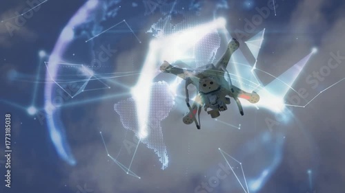 Entering sky drone hovering data nodes morphing globe descending above palm showing connectivity