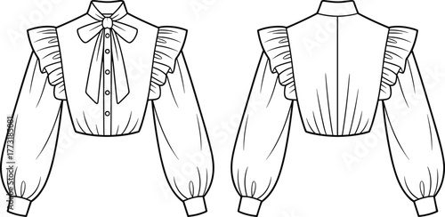 Technical fashion flat illustration of women’s blouse with bow tie neckline, ruffled shoulder detail, puff sleeve, button front, front and back view