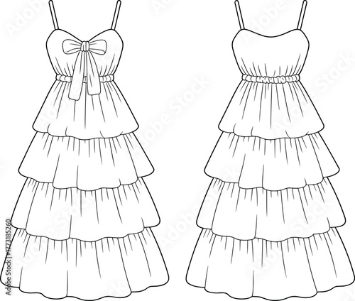 Technical fashion flat illustration of women’s tiered dress with spaghetti straps, bow detail option, layered skirt design, front view garment sketch