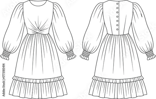 Technical fashion illustration, puff sleeve dress design, twisted bodice detail, ruffled hem garment, sewing pattern flat, front and back view, apparel sketch