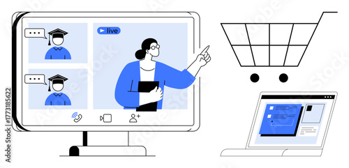 Computer monitor with live online teaching, academic participants, shopping cart, and laptop interface. Ideal for education, e-learning, online shopping, multitasking, technology integration