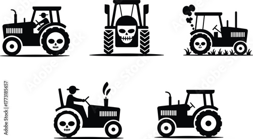 Tractor skull silhouette set, dangerous machinery icon, farm vehicle illustration, death warning design, agriculture hazard symbol, gothic farming artwork