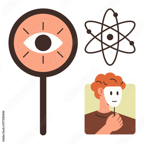 Magnifying glass with an eye, atom structure, and a person holding a mask. Ideal for identity, self-awareness, psychology, science, research curiosity and hidden truths. Simple flat metaphor