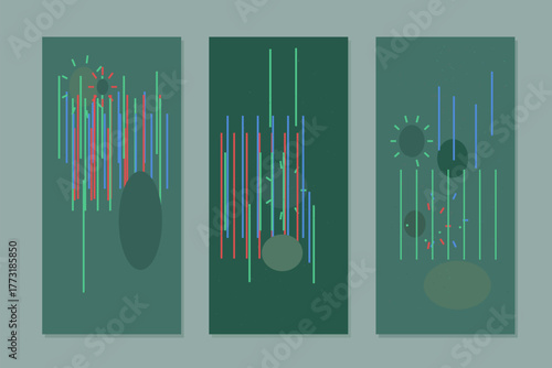 Minimalist Abstract Geometric Wall Art with Vertical Lines and Sunburst Circles