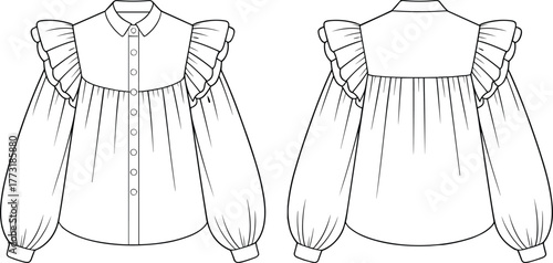 Women’s blouse fashion flat sketch, long puff sleeves with button cuffs, ruffle yoke detail, loose silhouette, garment construction technical illustration