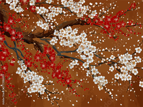 Branches fleuries de cerisier aux couleurs vives sur fond abstrait marron.