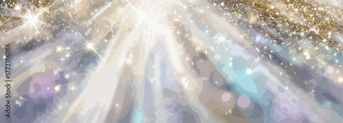 Rayons de lumière céleste traversant un ciel scintillant et étoilé avec des reflets doux.
