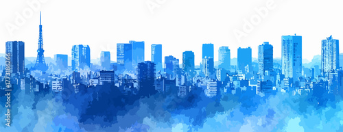 Vue panoramique d'une métropole moderne baignée dans des tons bleus aquatiques et abstraits.
