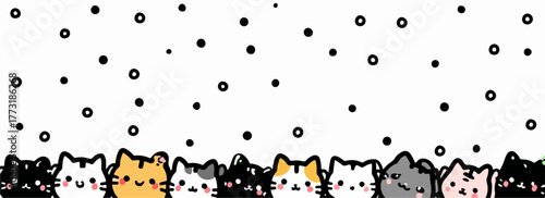 Adorable petits chats aux visages expressifs sous une pluie de points joyeux.