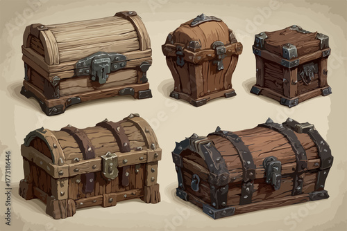 Ensemble de cinq coffres au trésor en bois vieilli avec des accents métalliques rustiques.