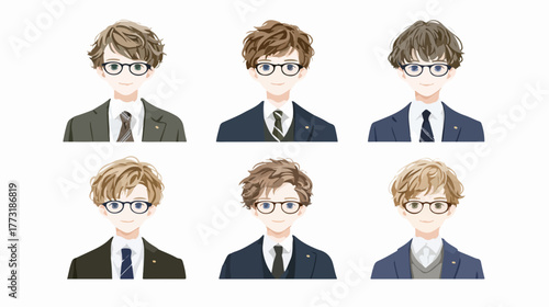 Ensemble de six portraits vectoriels d'hommes d'affaires aux coiffures variées et portant des lunettes.