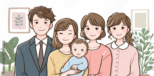 Une famille souriante composée de parents, d'un bébé et de deux filles, unie et heureuse.