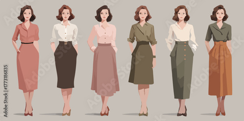 Ensemble de silhouettes féminines élégantes dans des tenues rétro professionnelles et décontractées.