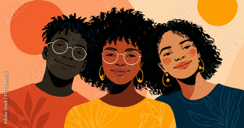 Un portrait vectoriel coloré et moderne met en scène trois amis aux origines diverses, partageant un moment de bonheur et de complicité.