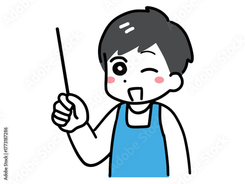 笑顔＆エプロンの若い男性が棒を持って説明しているイラスト	
