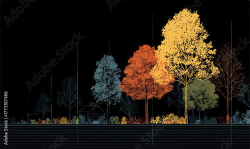 Vecteur d'une forêt stylisée aux couleurs vives sur fond noir, illustrant la biodiversité et les saisons.