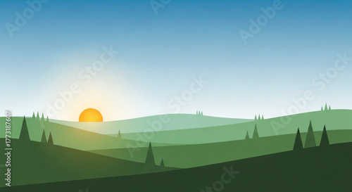 A serene landscape unfolds with rolling green hills bathed in the warm glow of the rising sun, casting long shadows and creating a peaceful, idyllic scene