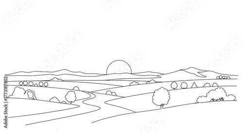 A minimalist line drawing captures a serene landscape, showcasing rolling hills, a winding road, and a setting sun, isolated on white background