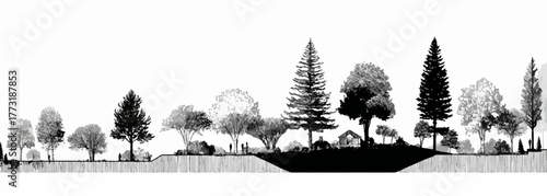 Vecteur d'une ligne d'arbres diversifiée et de feuillages dans un paysage stylisé en noir et blanc.