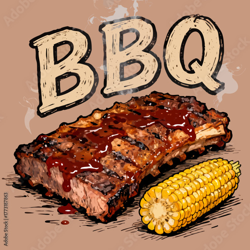 A vector illustration of grilled pork back ribs smothered in barbecue sauce, served with a side of roasted corn