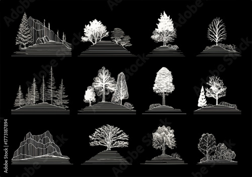 Ensemble de vecteurs d'arbres et de paysages stylisés, illustrations architecturales et naturelles.