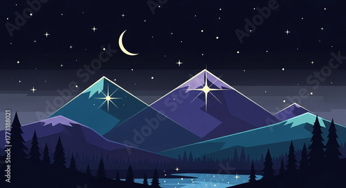 Pixel art landscape with mountains, trees, lake, moon and stars at night a nostalgic and retro design, perfect for gaming, nature and fantasy themes