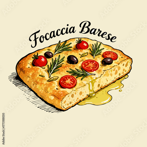 An illustrated vector concept of Italian focaccia barese bread, a classic homemade appetizer with fresh tomato, olive, and rosemary toppings