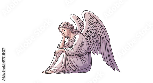 Serene Angel Sitting Down with Wings Illustration for Cards Posters and Spiritual Designs