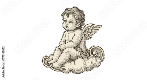 Charming Vintage Engraving of a Cherubic Angel Sitting on a Cloud Isolated
